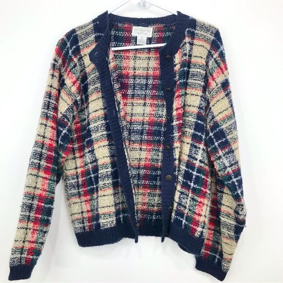 Christopher & Banks Navy Blue Cream Plaid Fuzzy Knit Cardigan Sweater - Picture 2 of 11